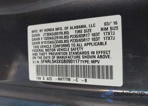 2016 Honda Odyssey Se z USA, uszkodzony, nr VIN 5FNRL5H3XGB090117